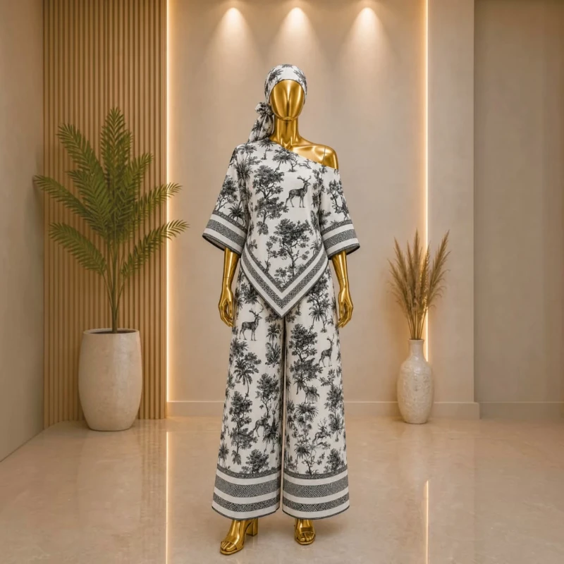 طقم نسائي واسع بنقشة مزخرفة – تصميم أنيق باللون أسود ورمادي