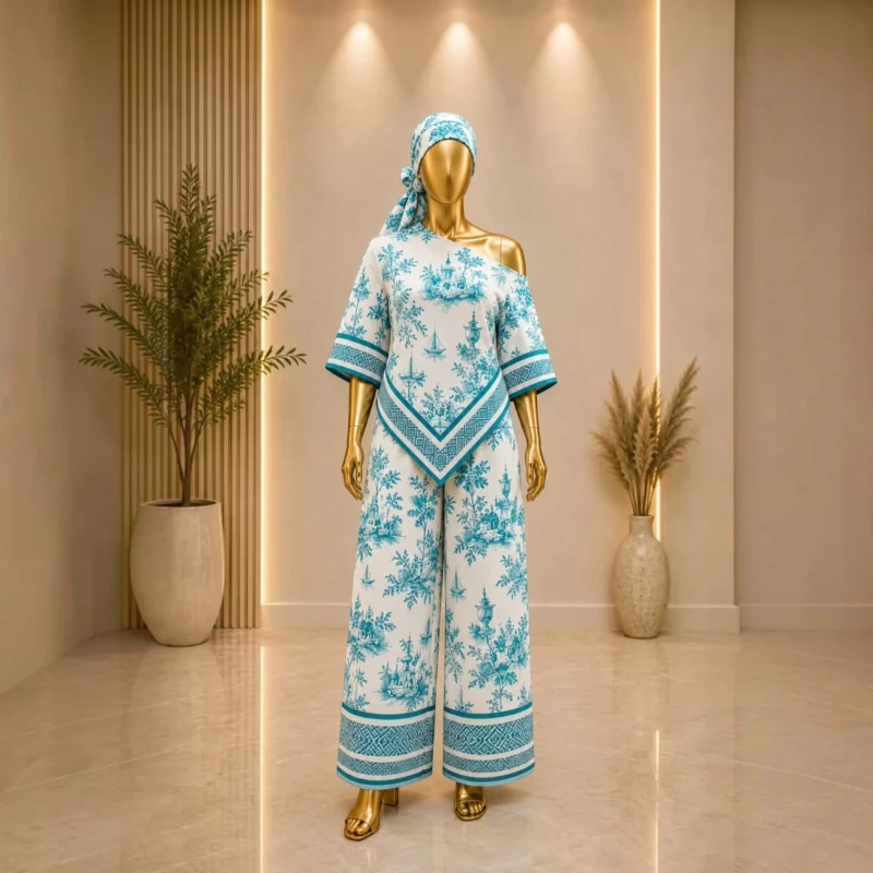 طقم نسائي واسع بنقشة مزخرفة – تصميم أنيق باللون تركواز