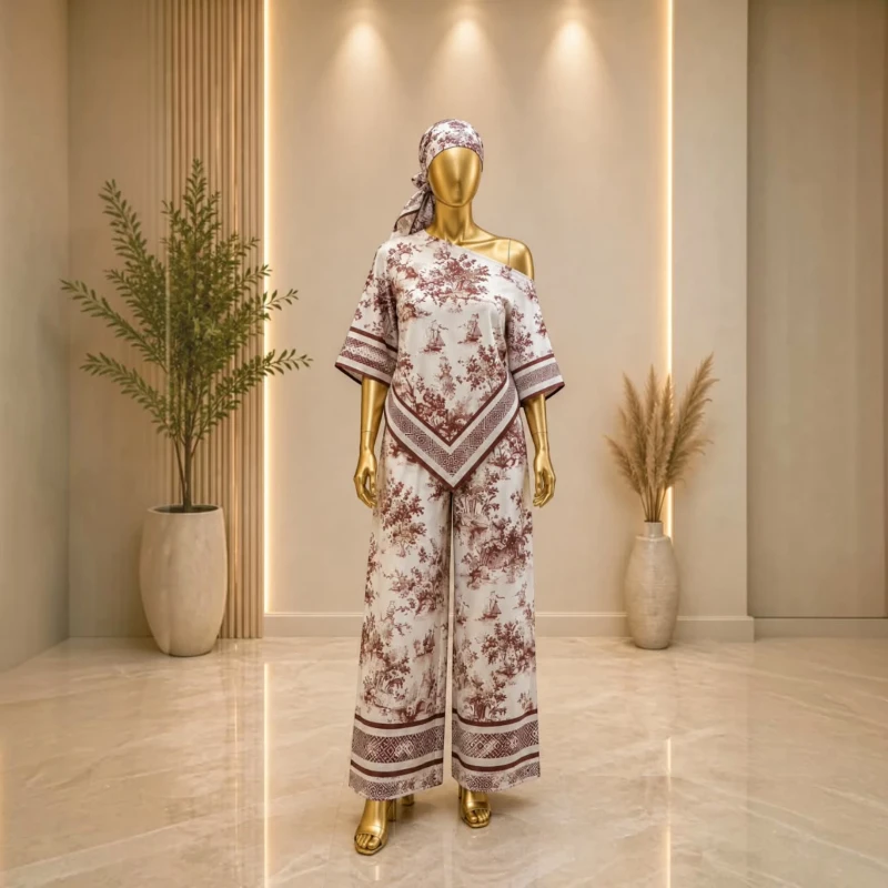 طقم نسائي واسع بنقشة مزخرفة – تصميم أنيق باللون خمري