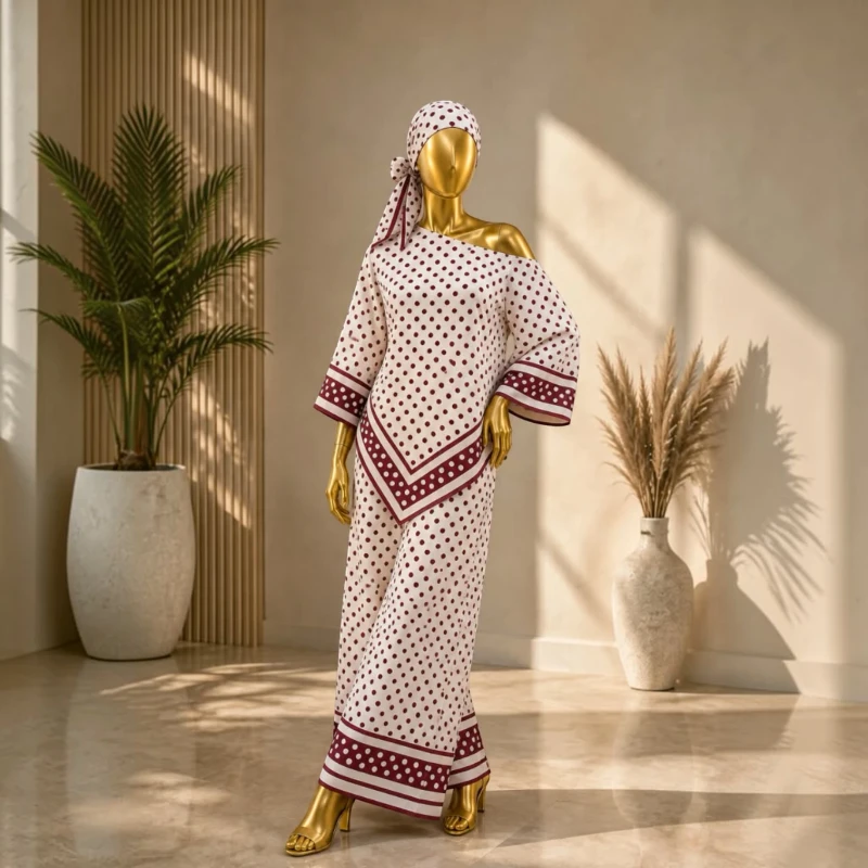 طقم نسائي واسع بنقشة مزخرفة – تصميم أنيق باللون خمري