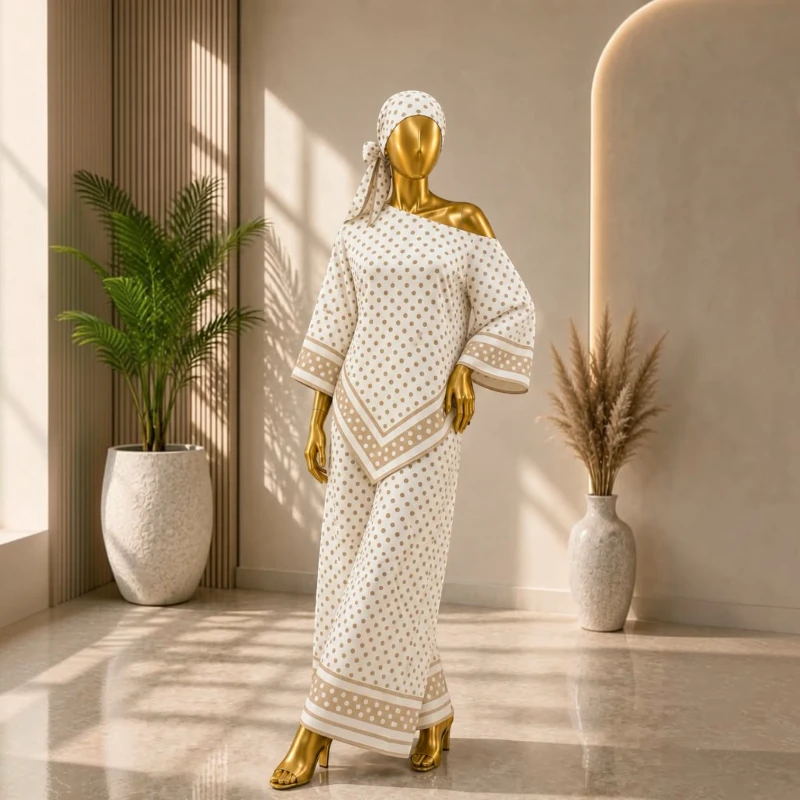طقم نسائي واسع بنقشة مزخرفة – تصميم أنيق باللون بيج