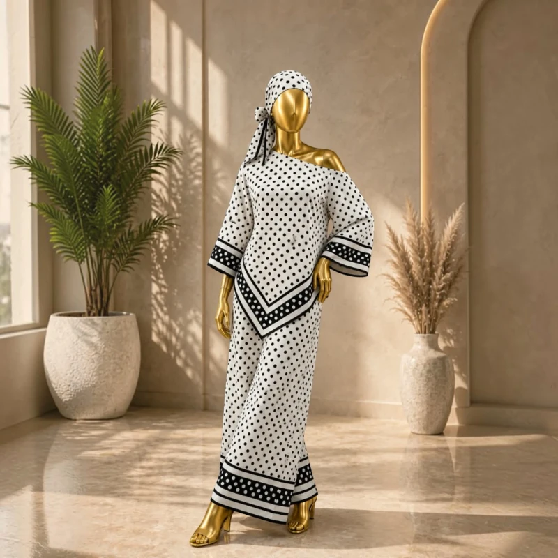 طقم نسائي واسع بنقشة مزخرفة – تصميم أنيق باللون أسود
